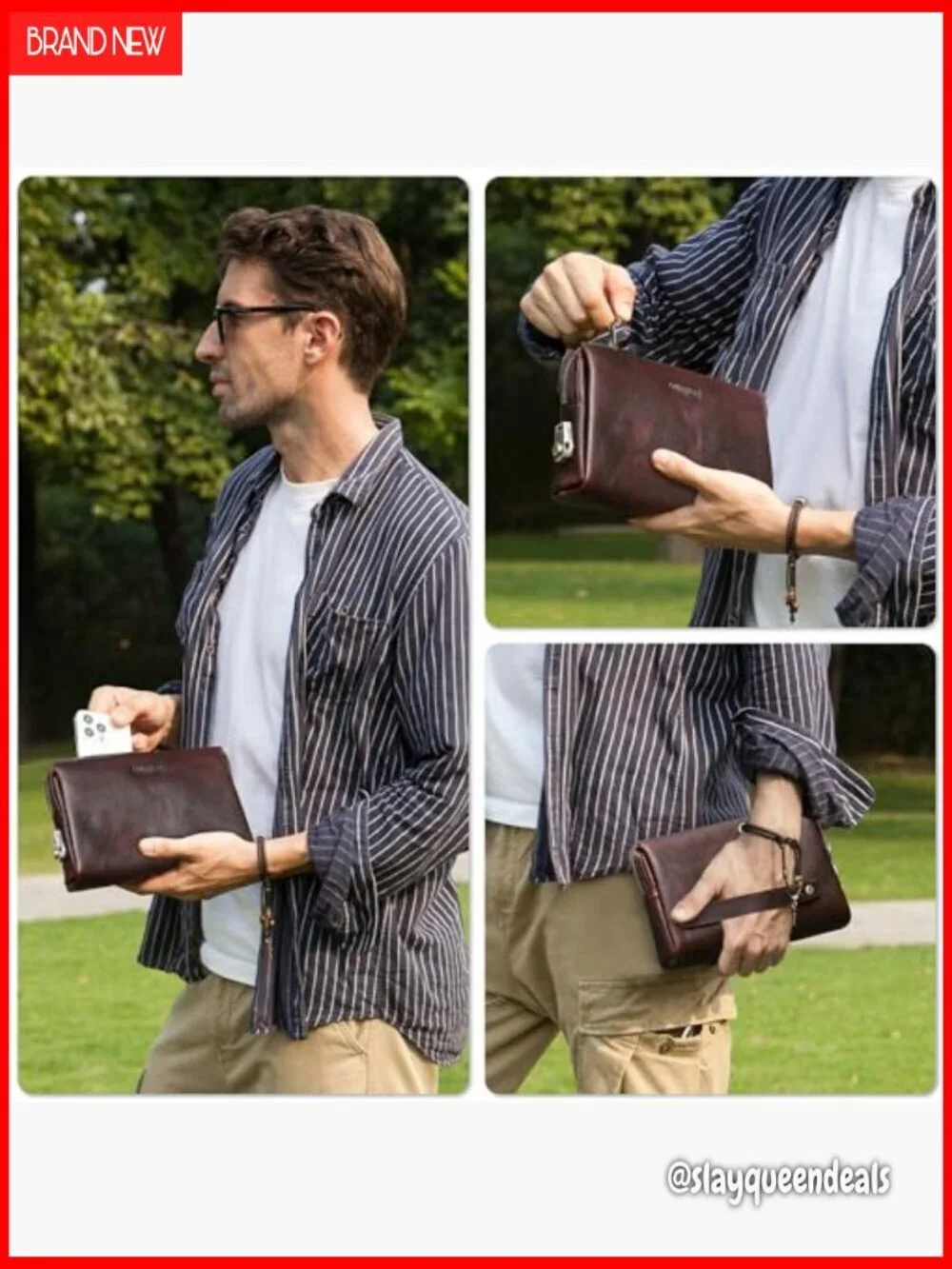 Vintage Leather Clutch Wallet with RFID Lock Retractable Strap Multi-Pocket
